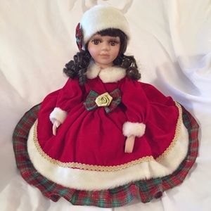 RED VELVET DRESSED DOLL with PILLBOX FAUX FUR HAT